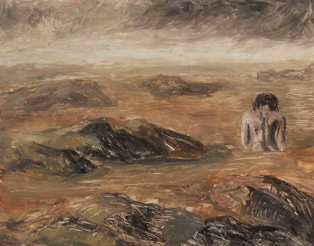 colored oil print of wheat toned landscape with woman walking away from the viewer and being absorbed by the landscape